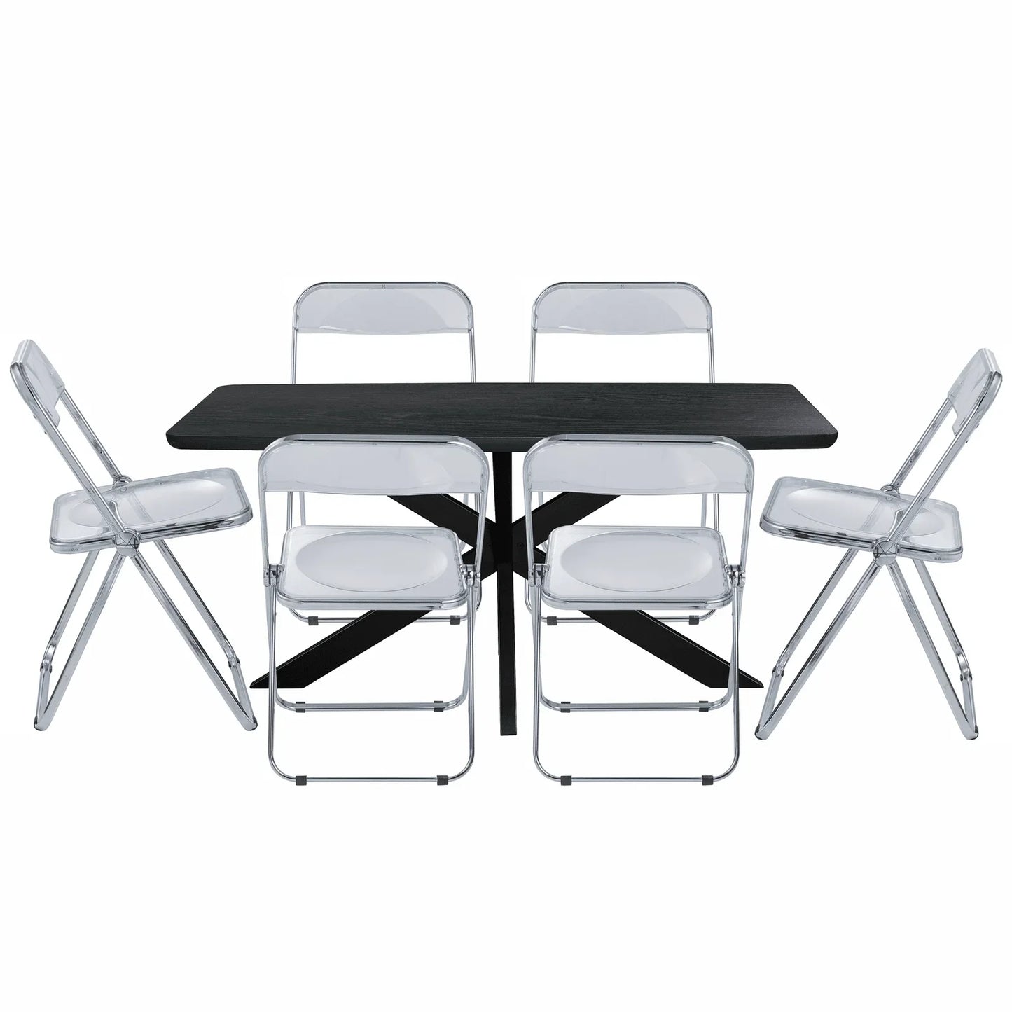 Lawrence 7-Piece Dining Set: Folding Acrylic Chairs & Rectangular Wood Table with Geometric Base - Elax Furniture