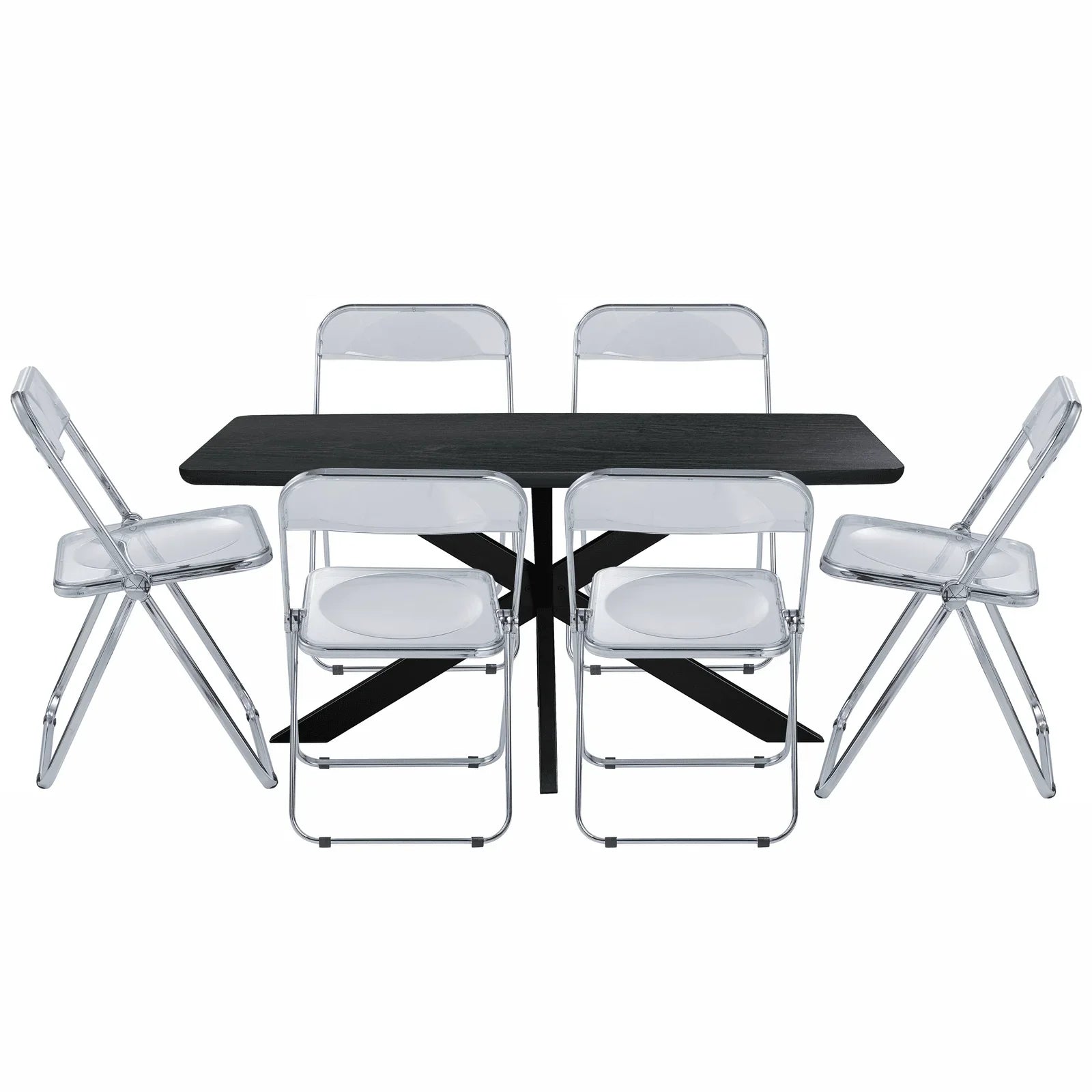 Lawrence 7-Piece Dining Set: Folding Acrylic Chairs & Rectangular Wood Table with Geometric Base - Elax Furniture