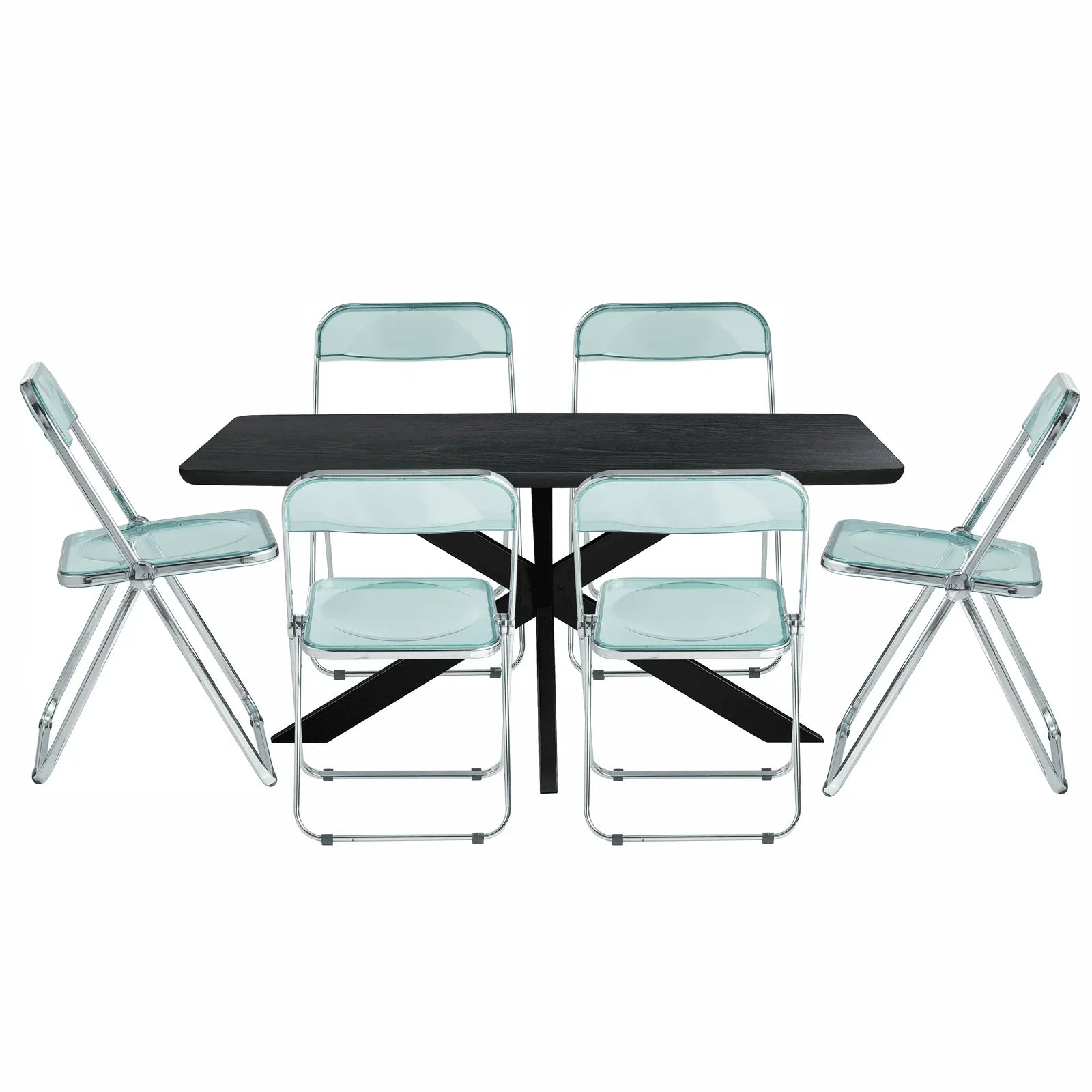Lawrence 7-Piece Dining Set: Folding Acrylic Chairs & Rectangular Wood Table with Geometric Base - Elax Furniture