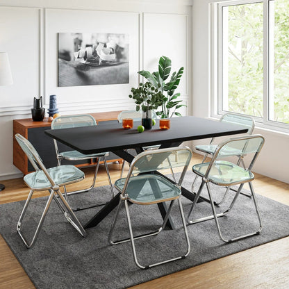 Lawrence 7-Piece Dining Set: Folding Acrylic Chairs & Rectangular Wood Table with Geometric Base - Elax Furniture