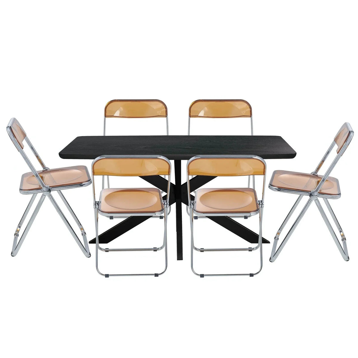 Lawrence 7-Piece Dining Set: Folding Acrylic Chairs & Rectangular Wood Table with Geometric Base - Elax Furniture