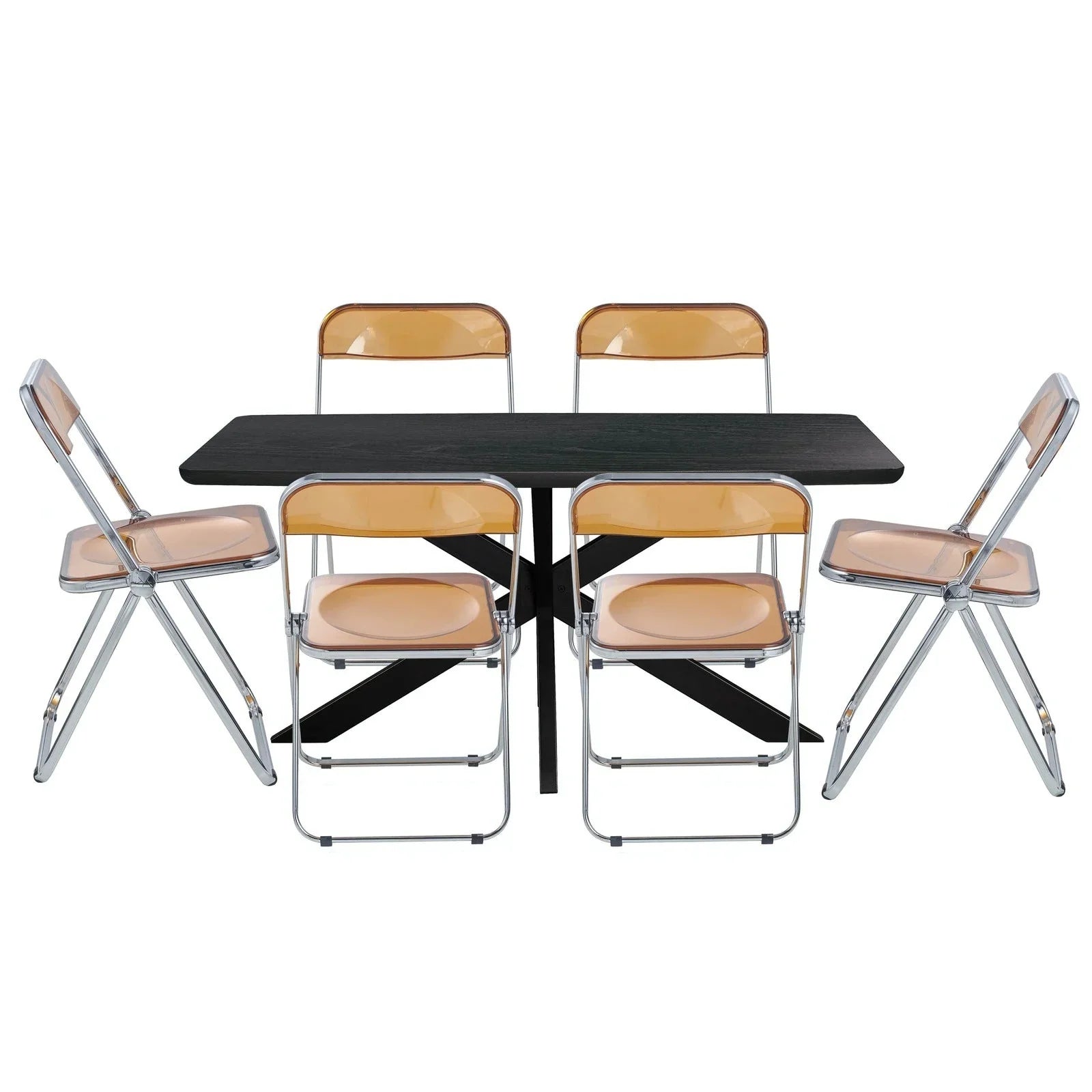 Lawrence 7-Piece Dining Set: Folding Acrylic Chairs & Rectangular Wood Table with Geometric Base - Elax Furniture