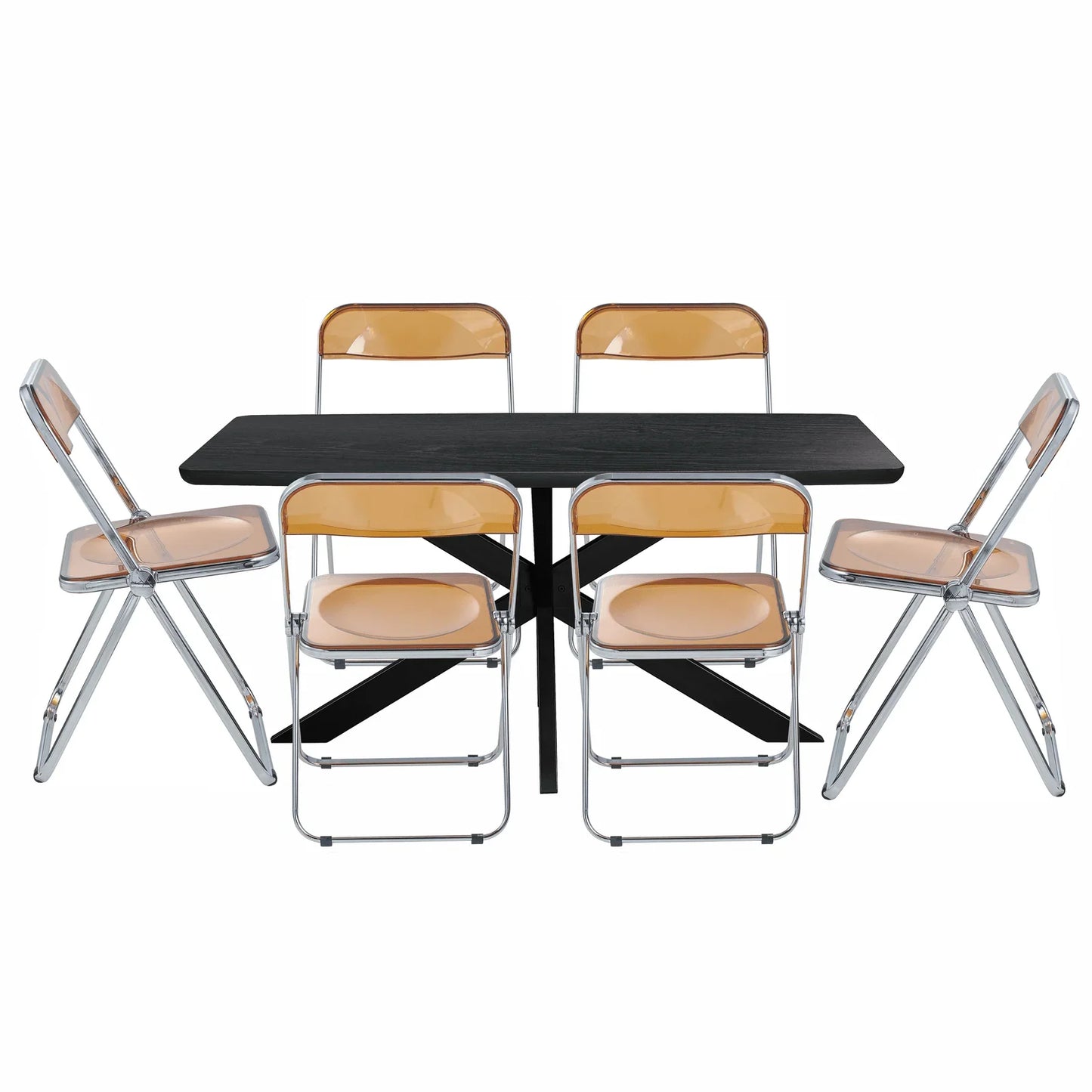 Lawrence 7-Piece Dining Set: Folding Acrylic Chairs & Rectangular Wood Table with Geometric Base - Elax Furniture