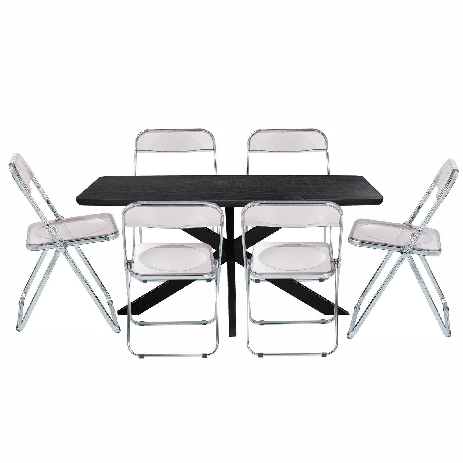 Lawrence 7-Piece Dining Set: Folding Acrylic Chairs & Rectangular Wood Table with Geometric Base - Elax Furniture