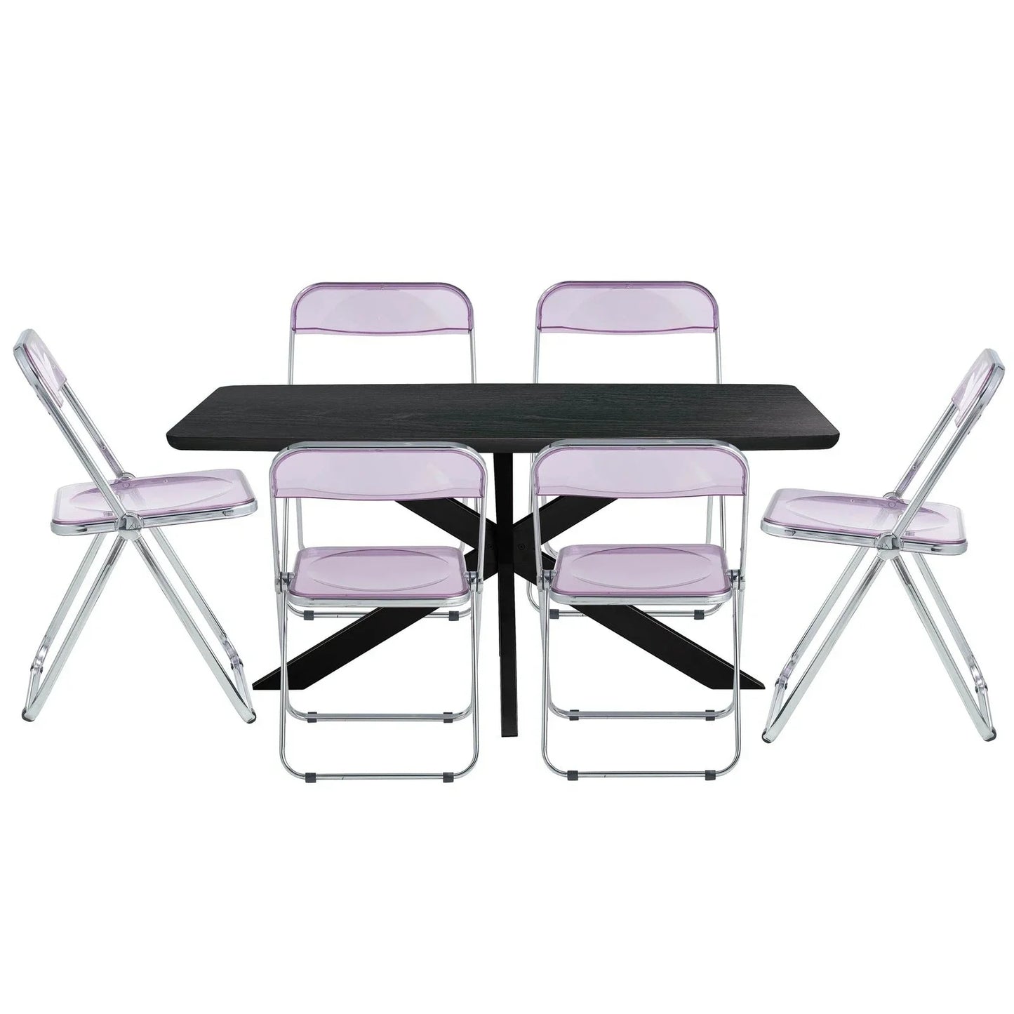 Lawrence 7-Piece Dining Set: Folding Acrylic Chairs & Rectangular Wood Table with Geometric Base - Elax Furniture