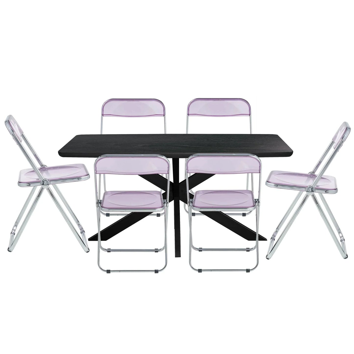 Lawrence 7-Piece Dining Set: Folding Acrylic Chairs & Rectangular Wood Table with Geometric Base - Elax Furniture