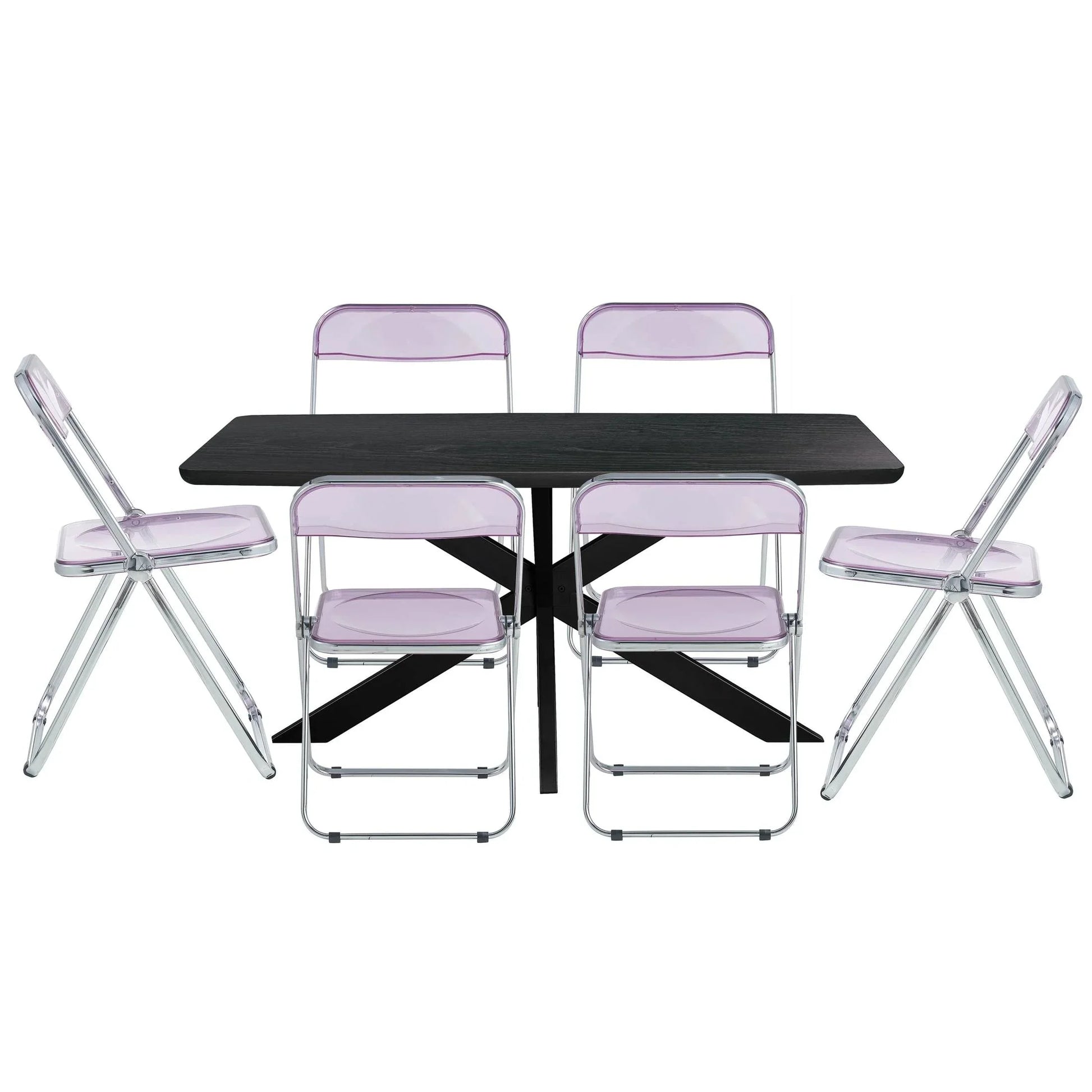 Lawrence 7-Piece Dining Set: Folding Acrylic Chairs & Rectangular Wood Table with Geometric Base - Elax Furniture