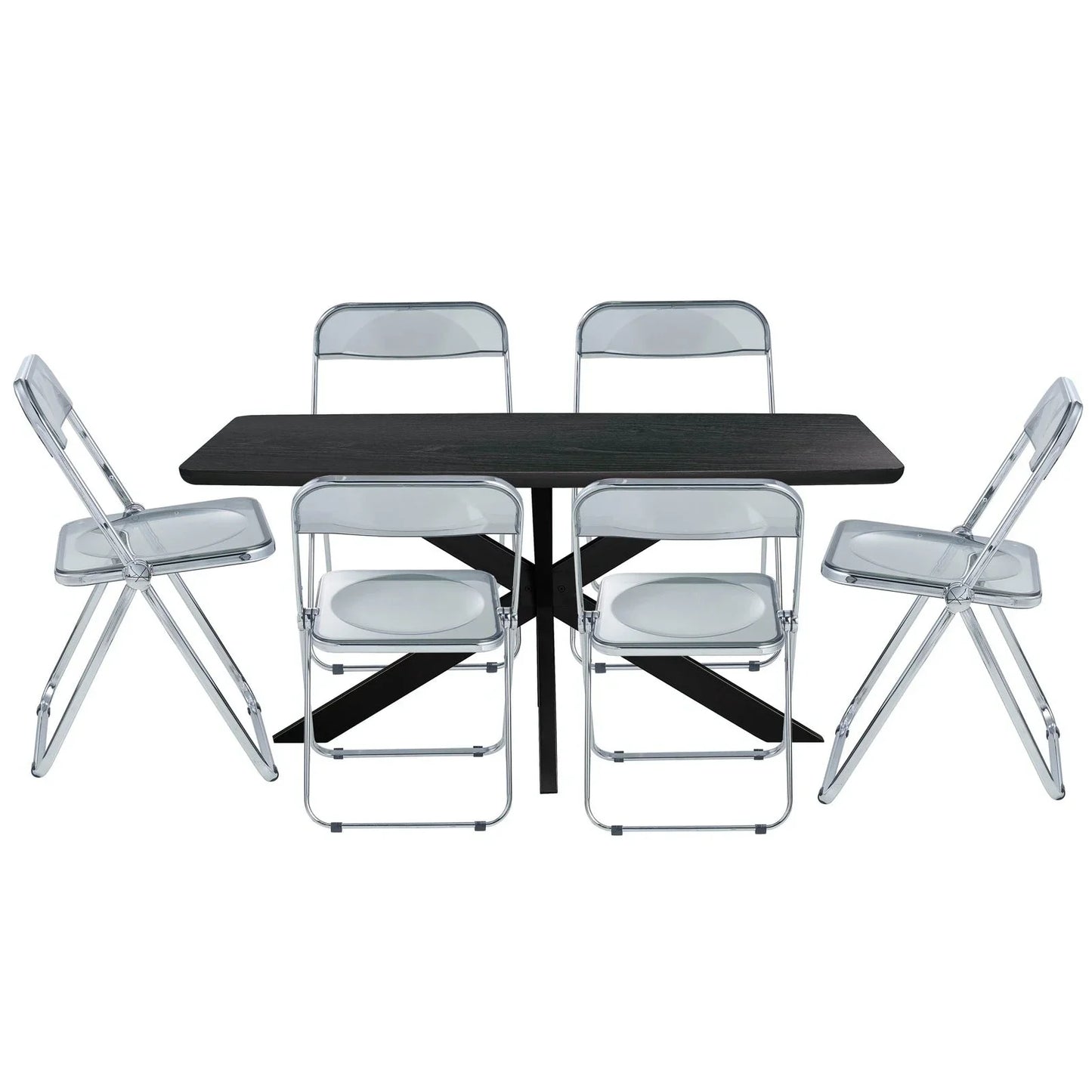 Lawrence 7-Piece Dining Set: Folding Acrylic Chairs & Rectangular Wood Table with Geometric Base - Elax Furniture