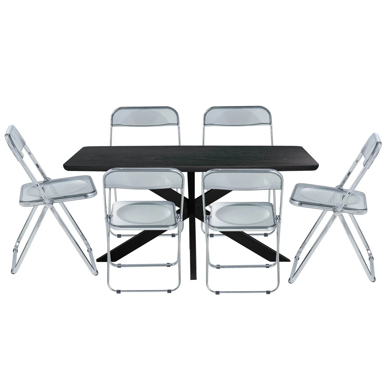 Lawrence 7-Piece Dining Set: Folding Acrylic Chairs & Rectangular Wood Table with Geometric Base - Elax Furniture