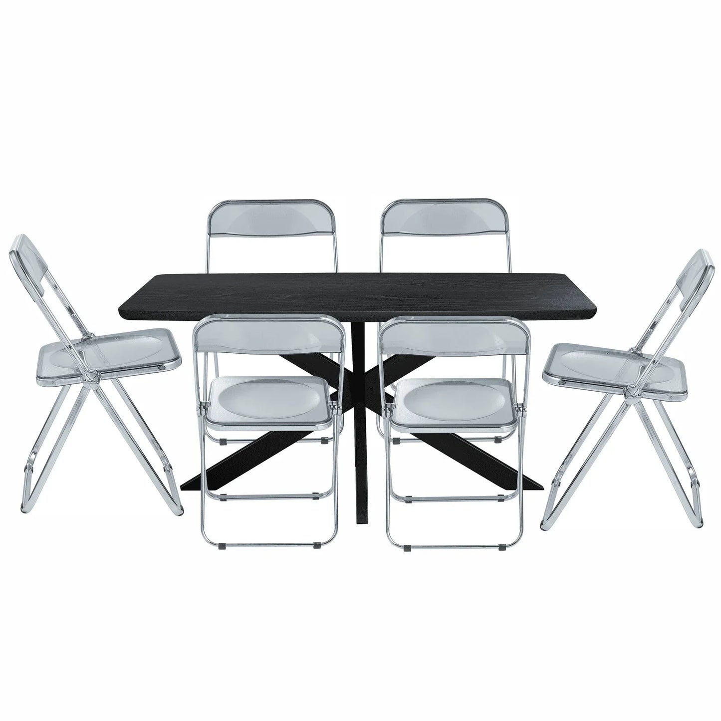Lawrence 7-Piece Dining Set: Folding Acrylic Chairs & Rectangular Wood Table with Geometric Base - Elax Furniture