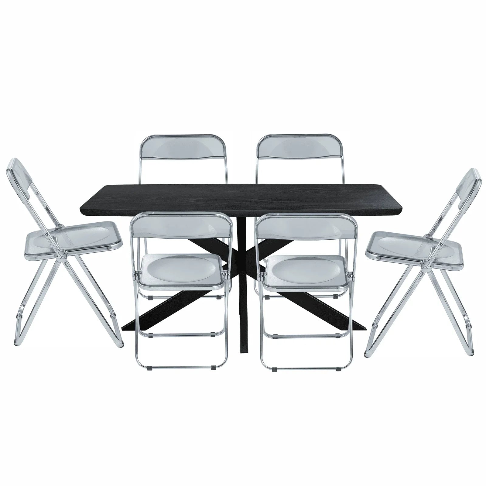 Lawrence 7-Piece Dining Set: Folding Acrylic Chairs & Rectangular Wood Table with Geometric Base - Elax Furniture