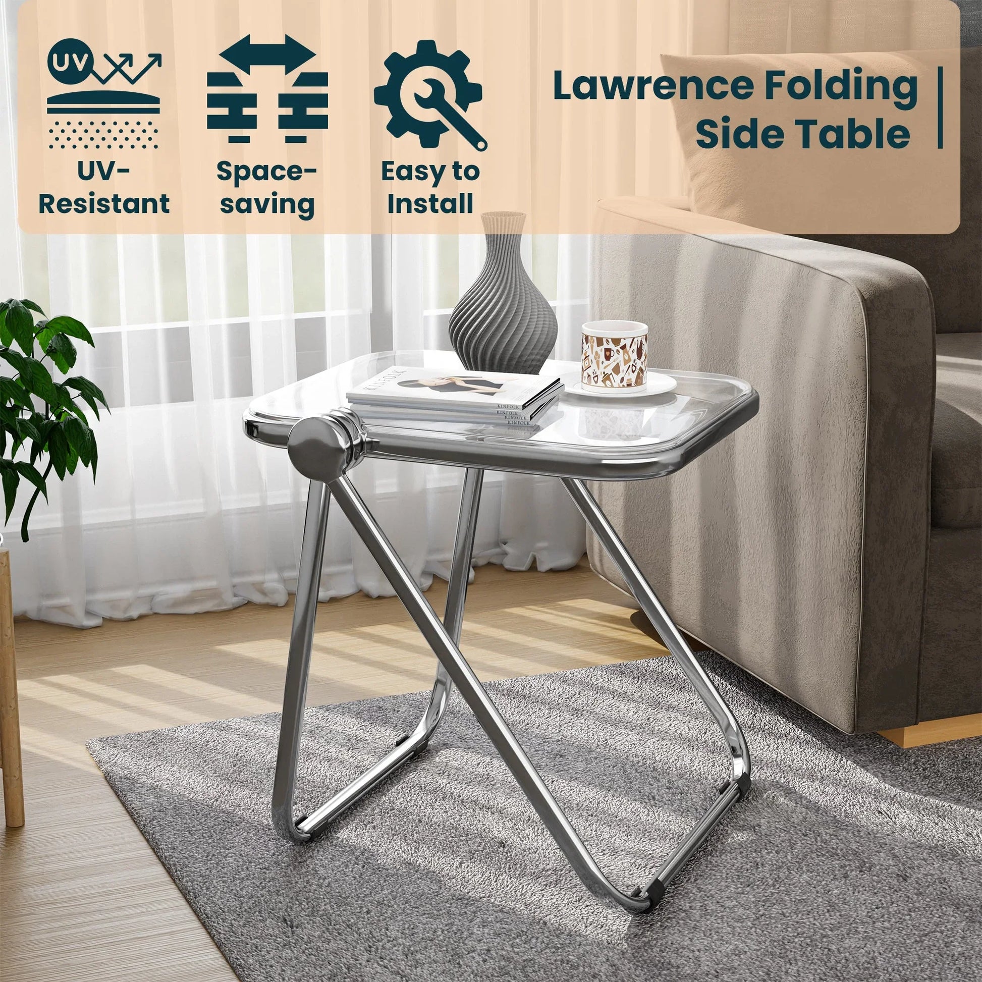 Lawrence Square Folding Side Table with Plastic Tabletop in Chrome Aluminum Frame - Elax Furniture