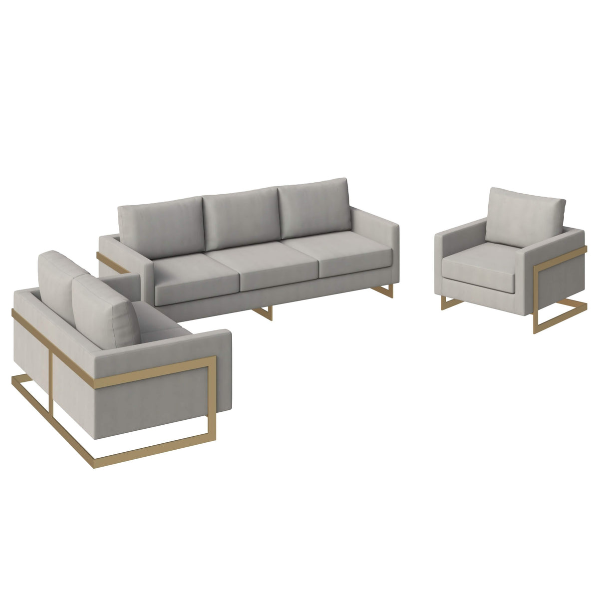 Lincoln 3-Piece Sofa Set Upholstered in Leather/Velvet Accent Chair with Gold Stainless Steel Frame Velvet Light Grey Sofa Set Leisuremod