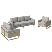 Lincoln 3-Piece Sofa Set Upholstered in Leather/Velvet Accent Chair with Gold Stainless Steel Frame Velvet Light Grey Sofa Set Leisuremod
