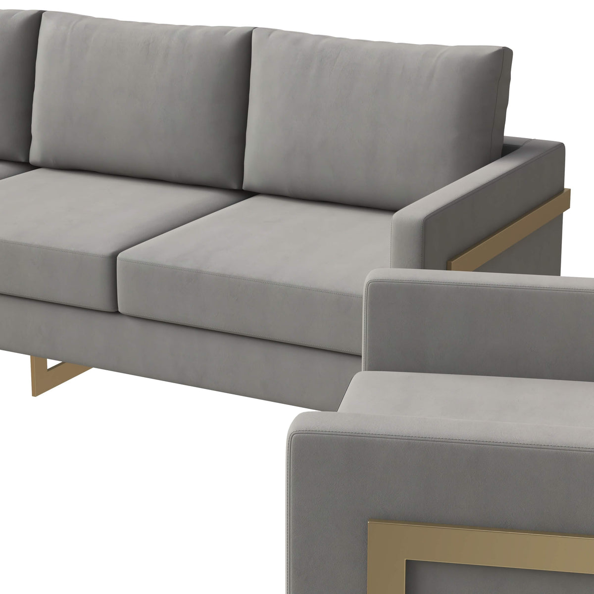 Lincoln 3-Piece Sofa Set Upholstered in Leather/Velvet Accent Chair with Gold Stainless Steel Frame Velvet Light Grey Sofa Set Leisuremod