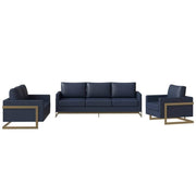 Lincoln 3-Piece Sofa Set Upholstered in Leather/Velvet Accent Chair with Gold Stainless Steel Frame Leather Navy Blue Sofa Set Leisuremod
