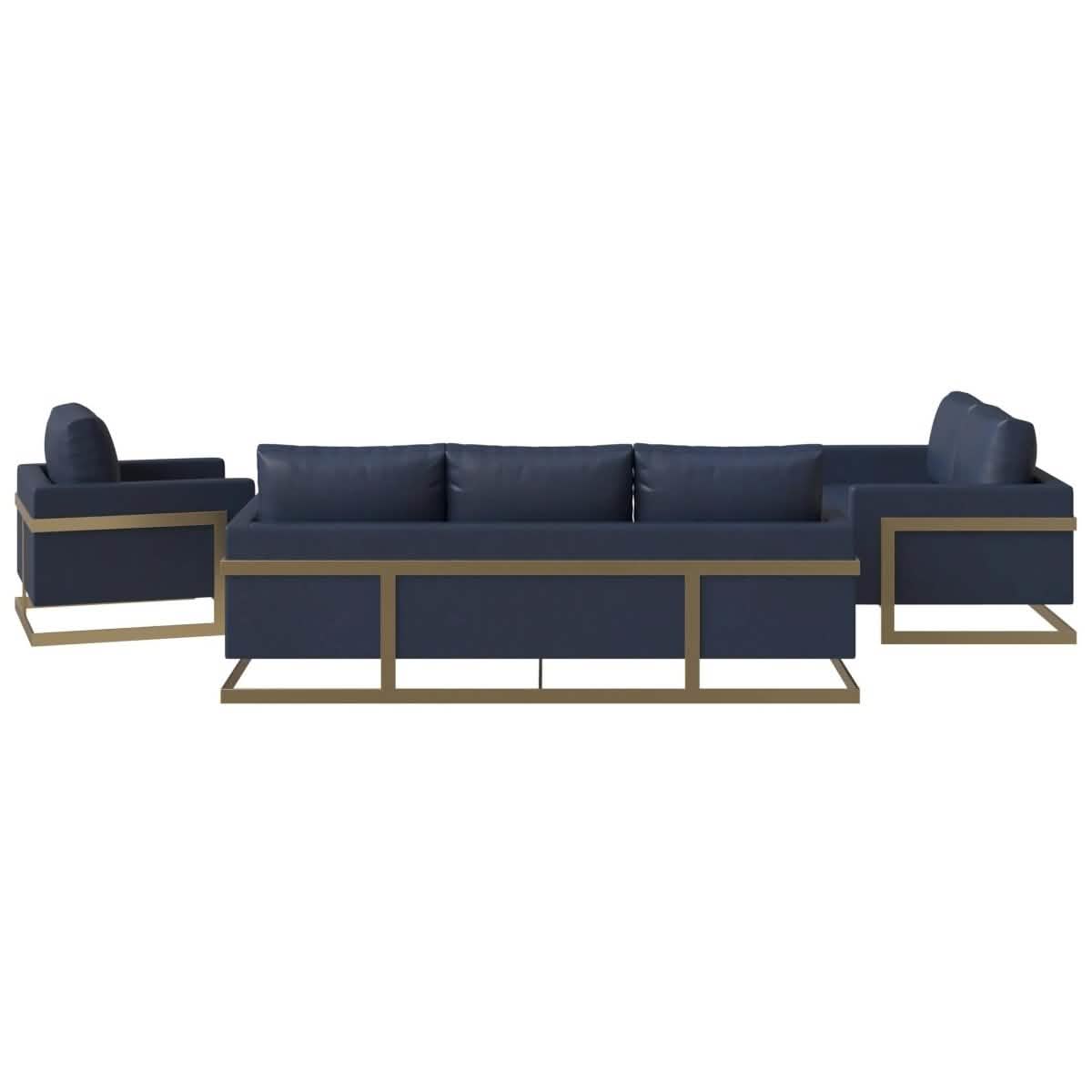 Lincoln 3-Piece Sofa Set Upholstered in Leather/Velvet Accent Chair with Gold Stainless Steel Frame Leather Navy Blue Sofa Set Leisuremod