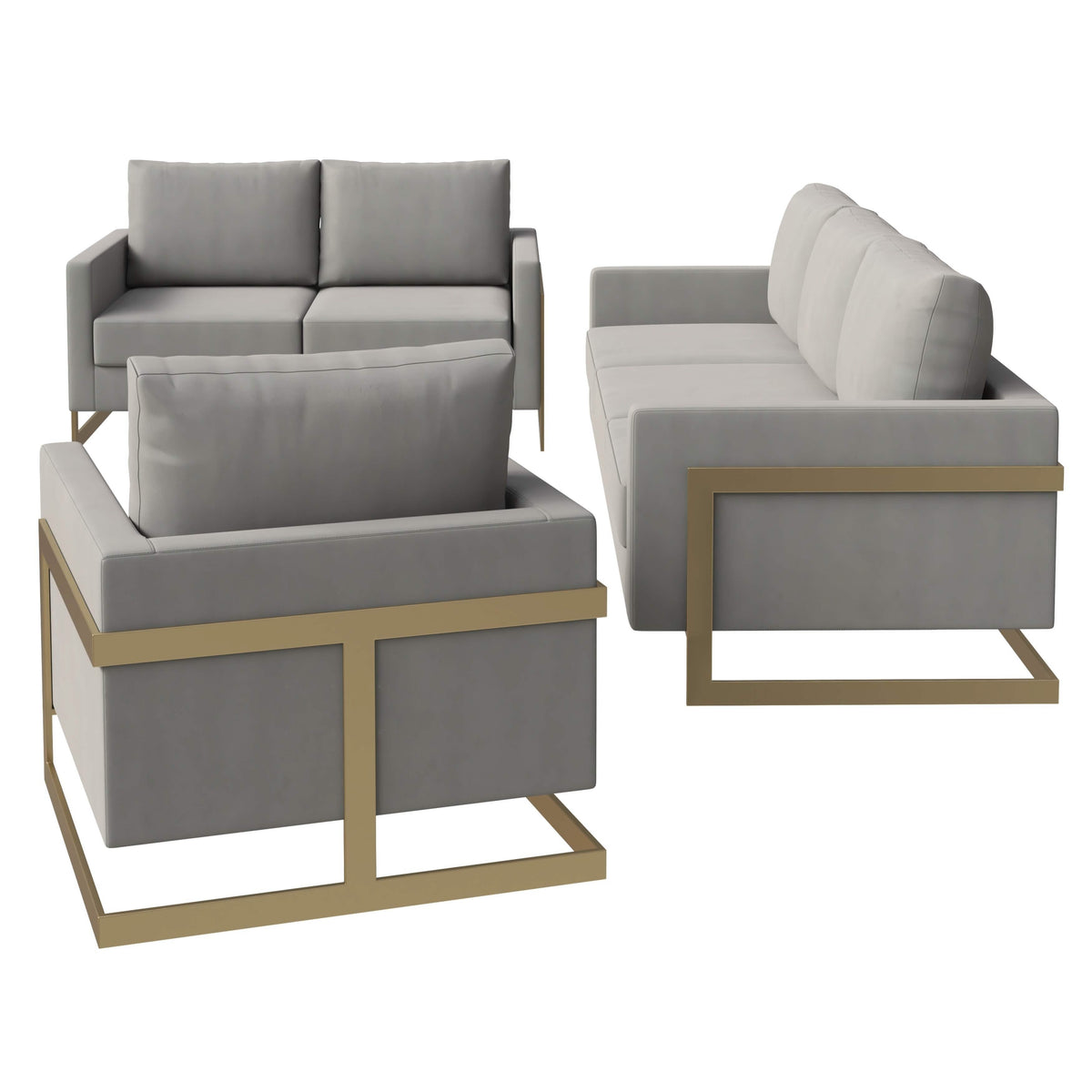 Lincoln 3-Piece Sofa Set Upholstered in Leather/Velvet Accent Chair with Gold Stainless Steel Frame Velvet Light Grey Sofa Set Leisuremod