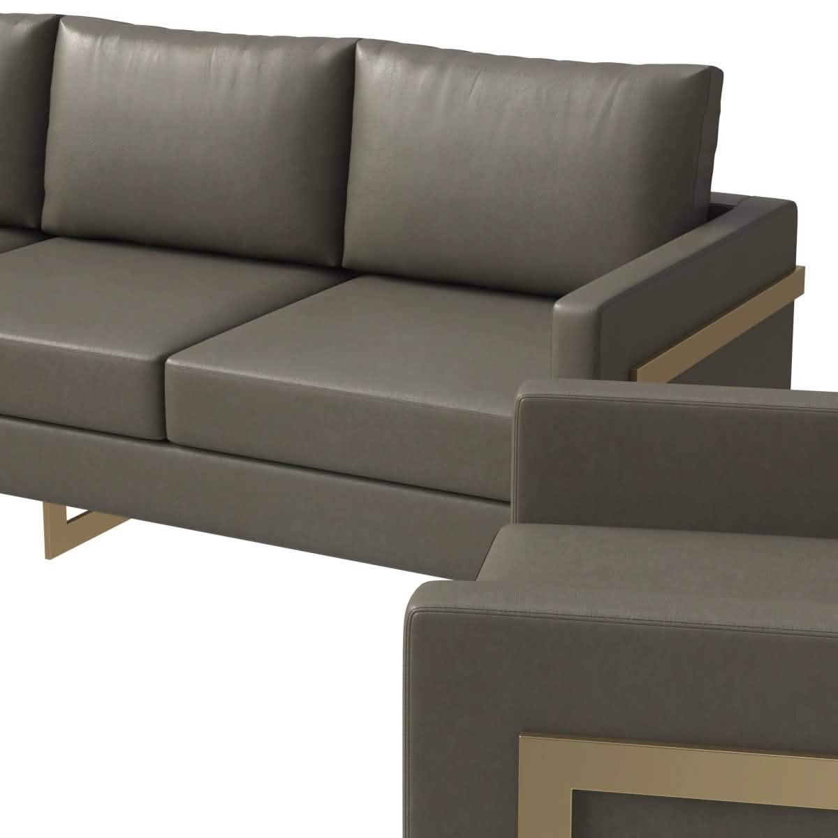 Lincoln 3-Piece Sofa Set Upholstered in Leather/Velvet Accent Chair with Gold Stainless Steel Frame Leather Grey Sofa Set Leisuremod