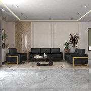 Lincoln 3-Piece Sofa Set Upholstered in Leather/Velvet Accent Chair with Gold Stainless Steel Frame Leather Black Sofa Set Leisuremod