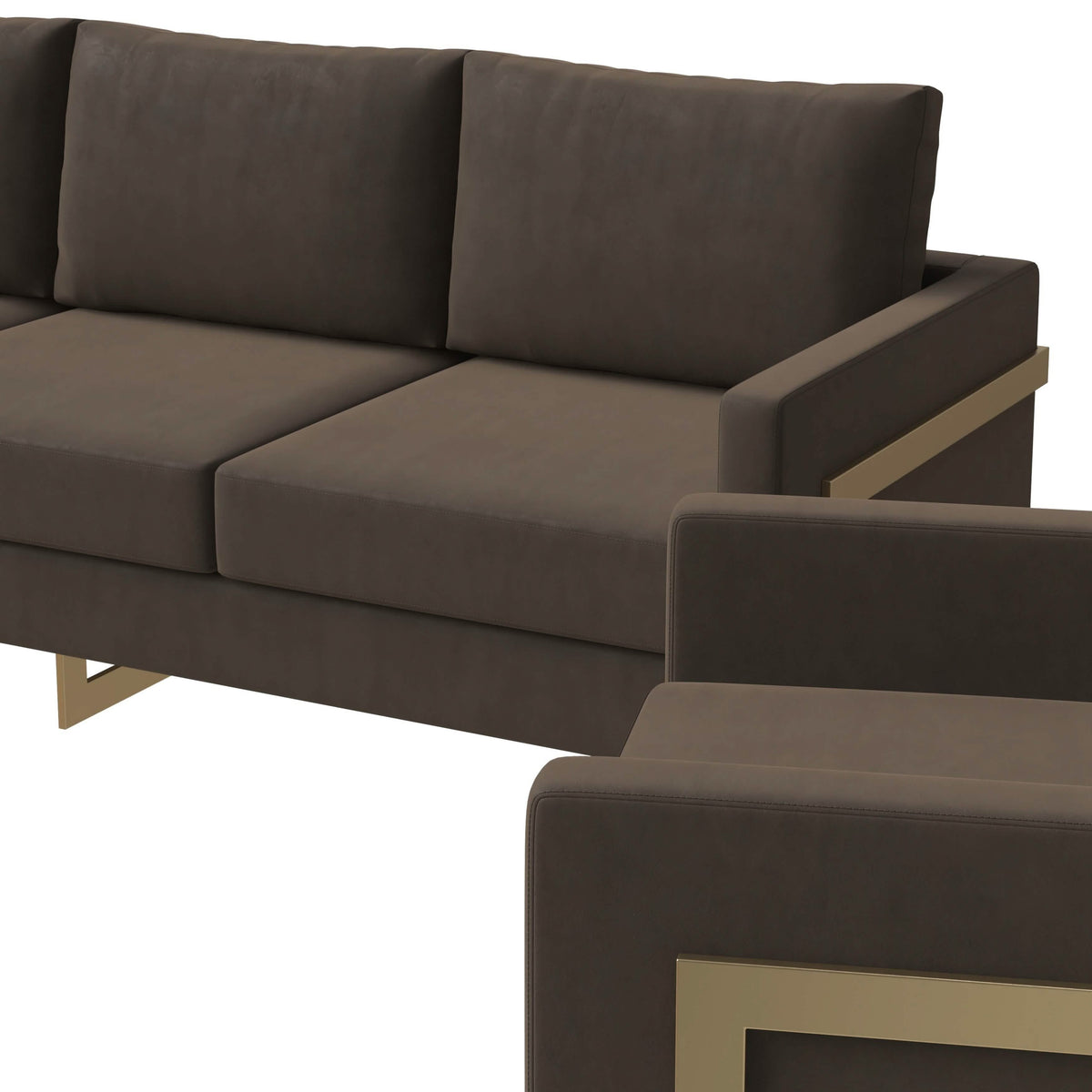 Lincoln 3-Piece Sofa Set Upholstered in Leather/Velvet Accent Chair with Gold Stainless Steel Frame Velvet Dark Grey Sofa Set Leisuremod