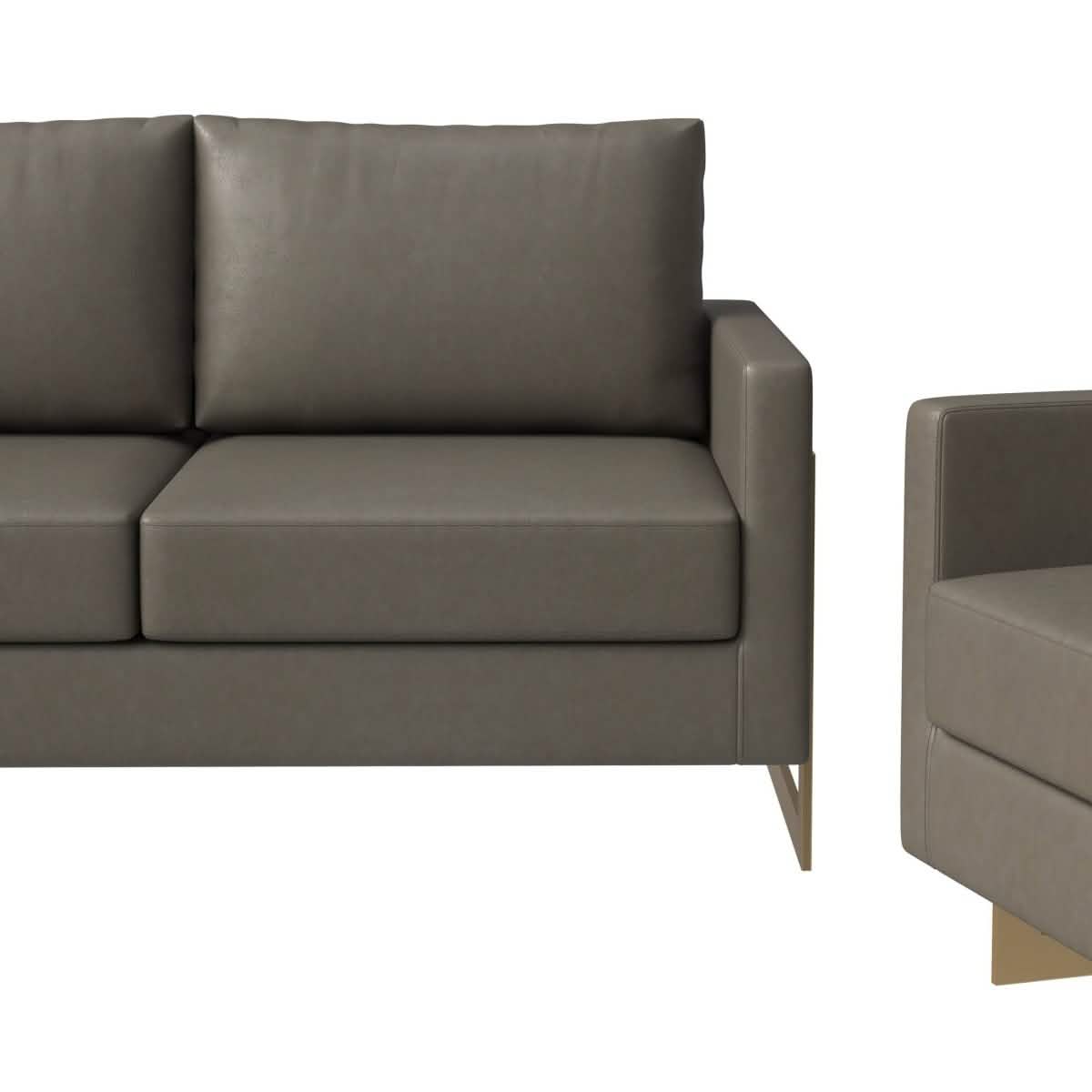 Lincoln 3-Piece Sofa Set Upholstered in Leather/Velvet Accent Chair with Gold Stainless Steel Frame Leather Grey Sofa Set Leisuremod