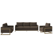 Lincoln 3-Piece Sofa Set Upholstered in Leather/Velvet Accent Chair with Gold Stainless Steel Frame Velvet Dark Grey Sofa Set Leisuremod