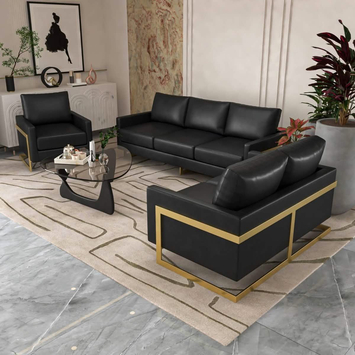 Lincoln 3-Piece Sofa Set Upholstered in Leather/Velvet Accent Chair with Gold Stainless Steel Frame Leather Black Sofa Set Leisuremod