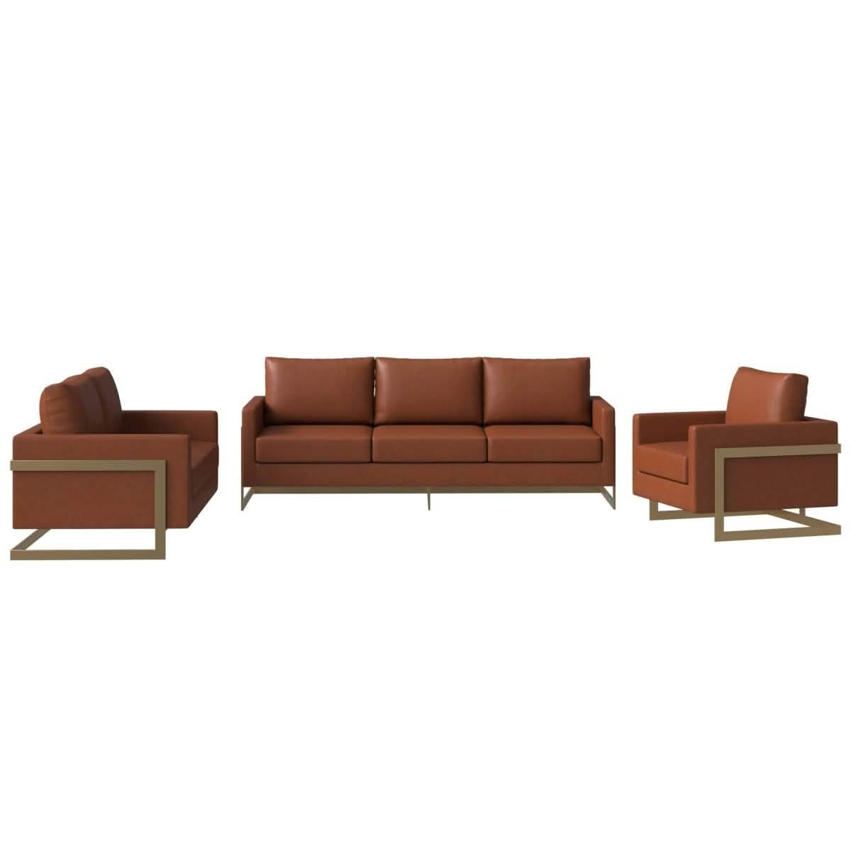 Lincoln 3-Piece Sofa Set Upholstered in Leather/Velvet Accent Chair with Gold Stainless Steel Frame Leather Cognac Tan Sofa Set Leisuremod