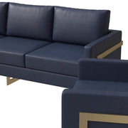Lincoln 3-Piece Sofa Set Upholstered in Leather/Velvet Accent Chair with Gold Stainless Steel Frame Leather Navy Blue Sofa Set Leisuremod