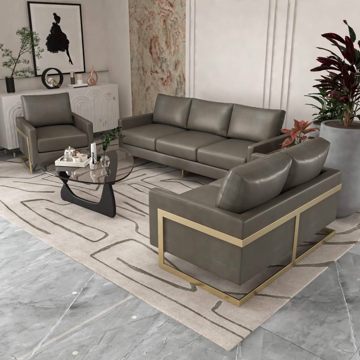 Lincoln 3-Piece Sofa Set Upholstered in Leather/Velvet Accent Chair with Gold Stainless Steel Frame Leather Grey Sofa Set Leisuremod