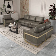 Lincoln 3-Piece Sofa Set Upholstered in Leather/Velvet Accent Chair with Gold Stainless Steel Frame Leather Grey Sofa Set Leisuremod