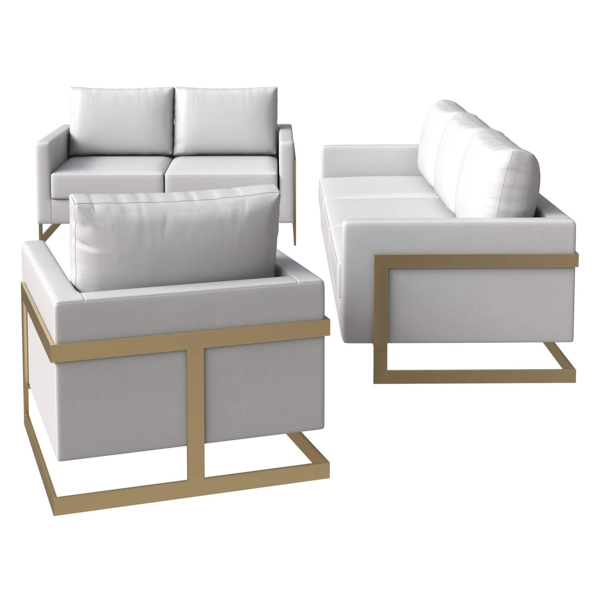 Lincoln 3-Piece Sofa Set Upholstered in Leather/Velvet Accent Chair with Gold Stainless Steel Frame Leather White Sofa Set Leisuremod