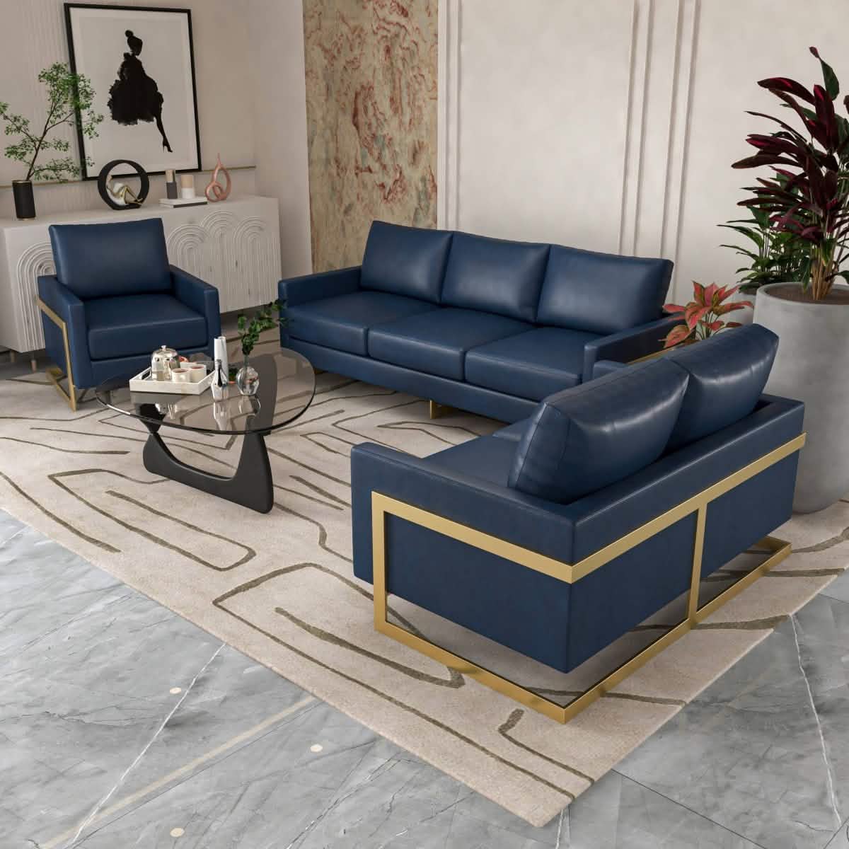 Lincoln 3-Piece Sofa Set Upholstered in Leather/Velvet Accent Chair with Gold Stainless Steel Frame Leather Navy Blue Sofa Set Leisuremod