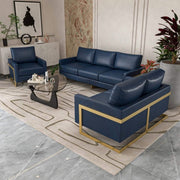 Lincoln 3-Piece Sofa Set Upholstered in Leather/Velvet Accent Chair with Gold Stainless Steel Frame Leather Navy Blue Sofa Set Leisuremod