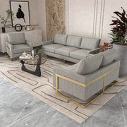 Lincoln 3-Piece Sofa Set Upholstered in Leather/Velvet Accent Chair with Gold Stainless Steel Frame Velvet Light Grey Sofa Set Leisuremod