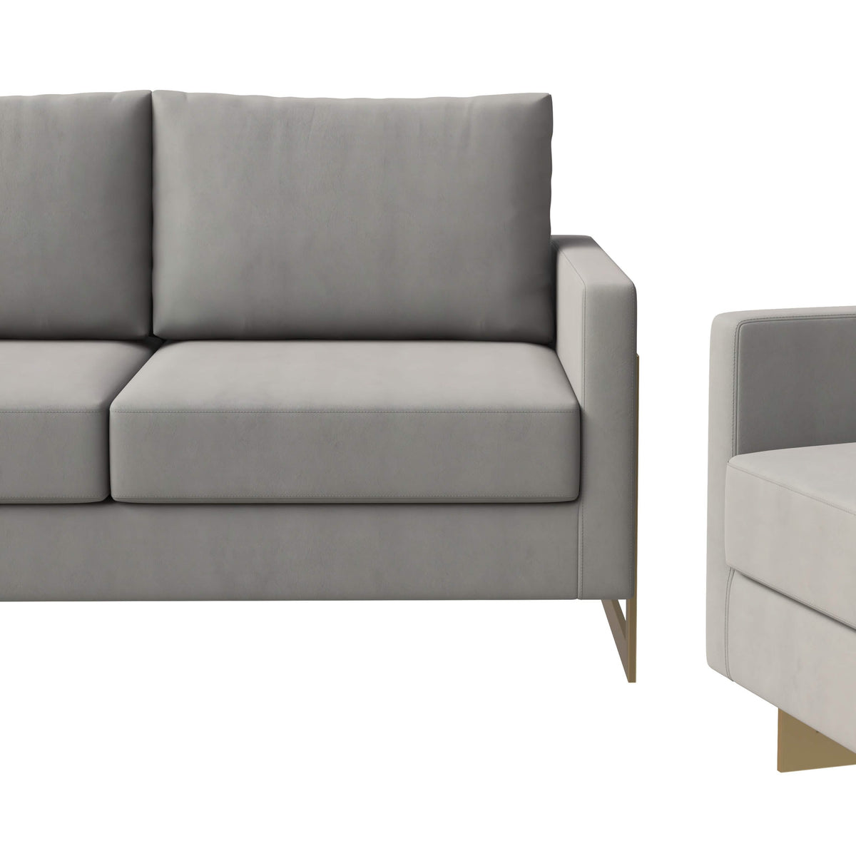 Lincoln 3-Piece Sofa Set Upholstered in Leather/Velvet Accent Chair with Gold Stainless Steel Frame Velvet Light Grey Sofa Set Leisuremod