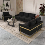 Lincoln 3-Piece Sofa Set Upholstered in Leather/Velvet Accent Chair with Gold Stainless Steel Frame Velvet Midnight Black Sofa Set Leisuremod