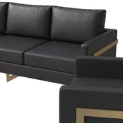 Lincoln 3-Piece Sofa Set Upholstered in Leather/Velvet Accent Chair with Gold Stainless Steel Frame Leather Black Sofa Set Leisuremod