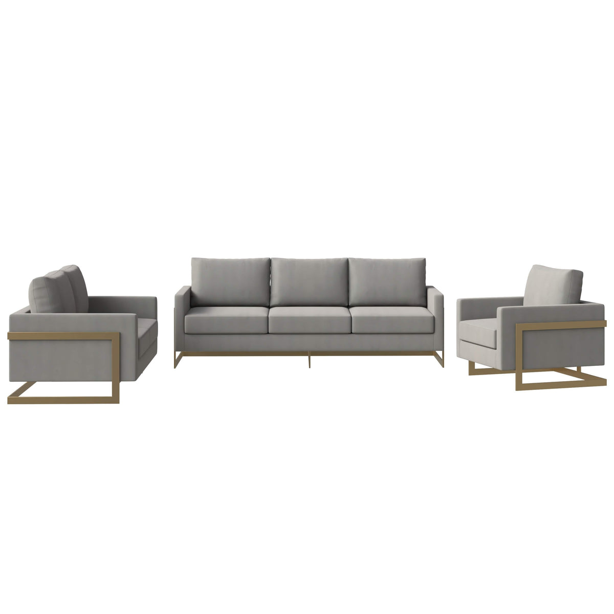 Lincoln 3-Piece Sofa Set Upholstered in Leather/Velvet Accent Chair with Gold Stainless Steel Frame Velvet Light Grey Sofa Set Leisuremod