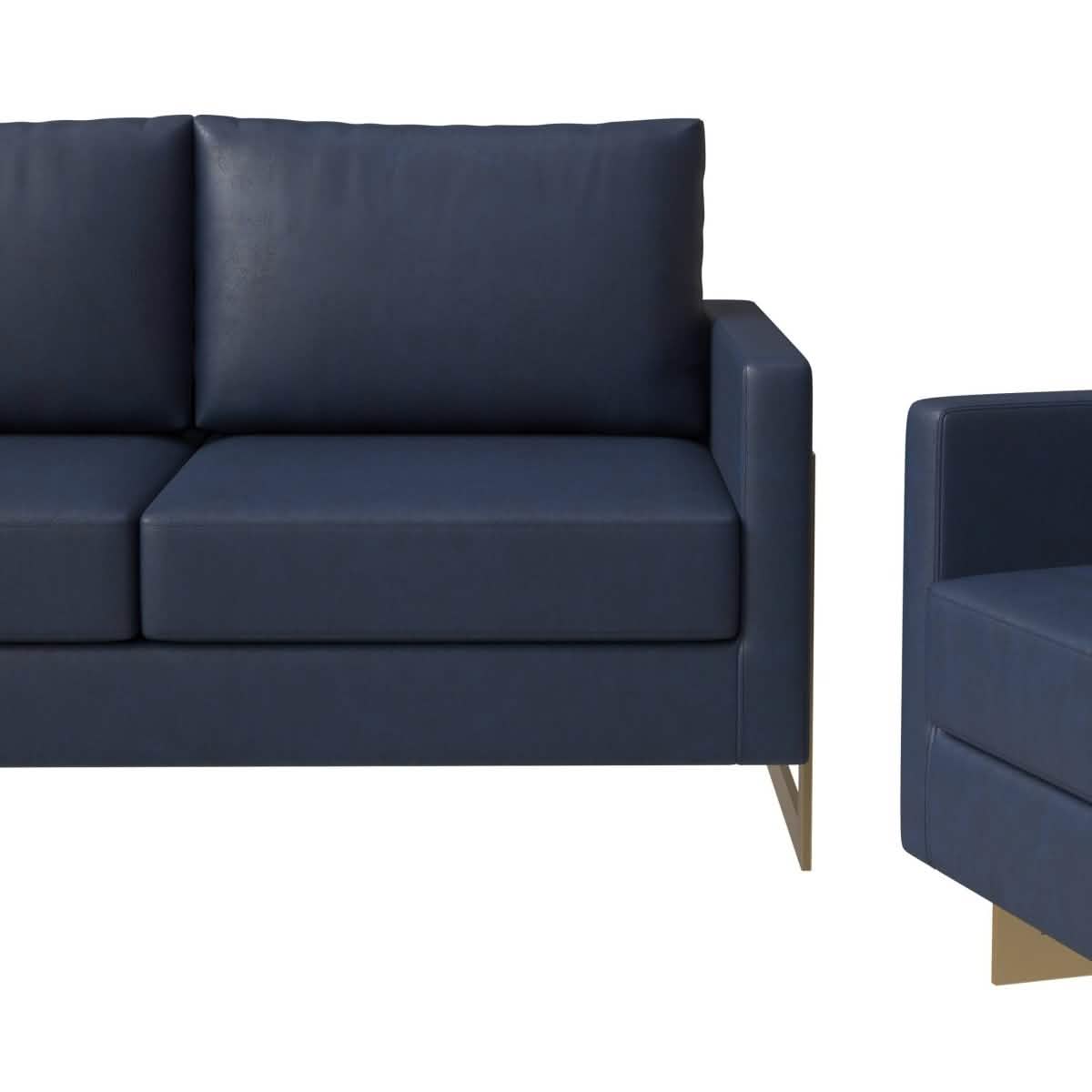 Lincoln 3-Piece Sofa Set Upholstered in Leather/Velvet Accent Chair with Gold Stainless Steel Frame Leather Navy Blue Sofa Set Leisuremod