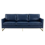 Lincoln 3-Seater Sofa Upholstered in Velvet/Leather with Black/Silver/Gold Steel Base Leather Gold Blue Sofa LeisureMod
