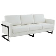 Lincoln 3-Seater Sofa Upholstered in Velvet/Leather with Black/Silver/Gold Steel Base Leather Black White Sofa LeisureMod