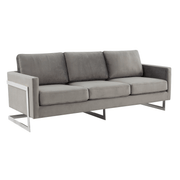 Lincoln 3-Seater Sofa Upholstered in Velvet/Leather with Black/Silver/Gold Steel Base Velvet Silver Light Grey Sofa LeisureMod