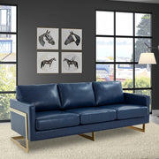 Lincoln 3-Seater Sofa Upholstered in Velvet/Leather with Black/Silver/Gold Steel Base Leather Gold Blue Sofa LeisureMod