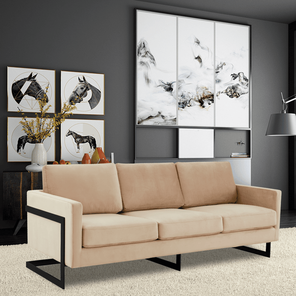 Lincoln 3-Seater Sofa Upholstered in Velvet/Leather with Black/Silver/Gold Steel Base