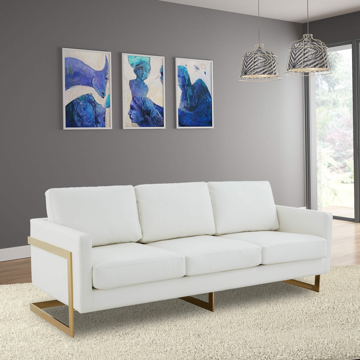Lincoln 3-Seater Sofa Upholstered in Velvet/Leather with Black/Silver/Gold Steel Base Leather Gold White Sofa LeisureMod
