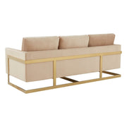 Lincoln 3-Seater Sofa Upholstered in Velvet/Leather with Black/Silver/Gold Steel Base Velvet Gold Beige Sofa LeisureMod