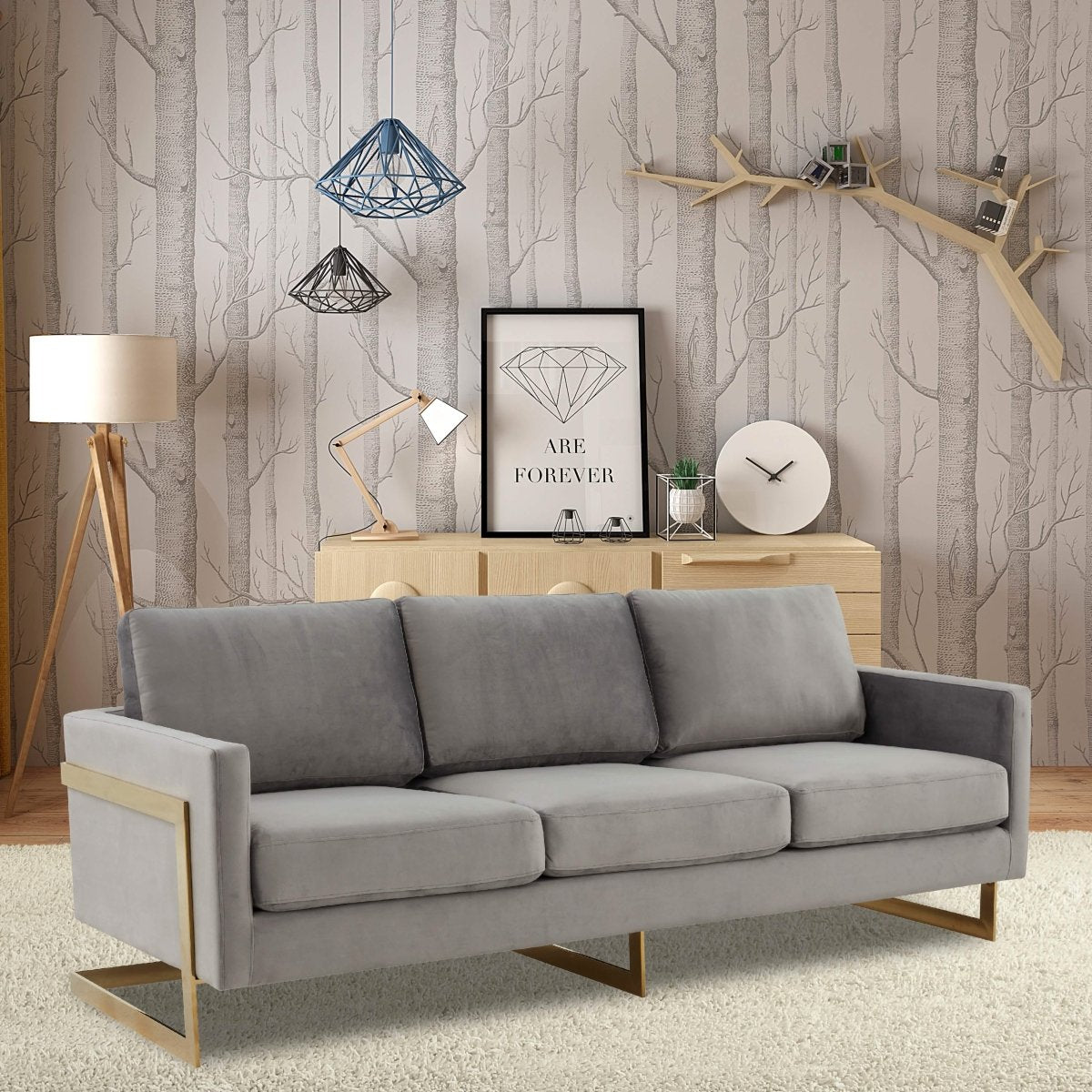 Lincoln 3-Seater Sofa Upholstered in Velvet/Leather with Black/Silver/Gold Steel Base Velvet Gold Light Grey Sofa LeisureMod