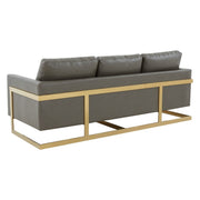Lincoln 3-Seater Sofa Upholstered in Velvet/Leather with Black/Silver/Gold Steel Base Leather Gold Grey Sofa LeisureMod
